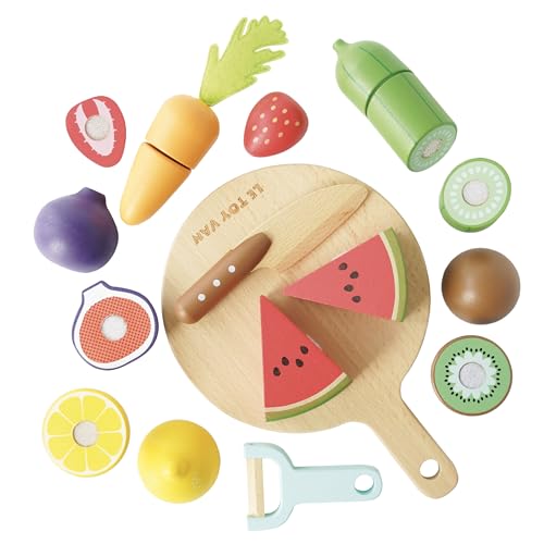 Le Toy Van - TV355 - Gioco educativo bambino 2 anni, gioco frutta e verdura da tagliare legno FSC, 18 pezzi, giocattolo cucina, ecologico, Montessori, include 1 tagliere, 1 coltello, 1 pelapatate