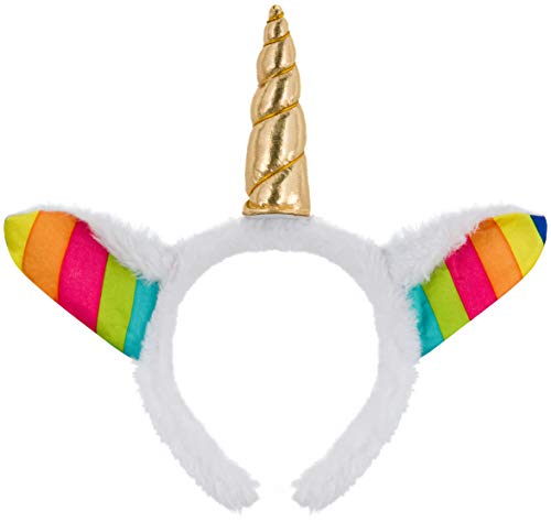 BALINCO Cerchietto in bianco con unicorno Unicorno in oro Cerchietto in peluche Orecchie per Halloween Natale Carnevale Accessori per la testa