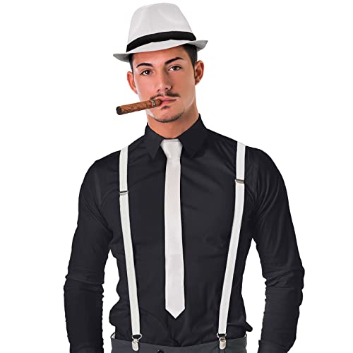 BALINCO MAFIA COSTUME SET, Accessori anni '20, Costume di Carnevale da uomo,  Bianco, Sigaro, Cappello a cilindro, Cravatta, Bretelle, Carnevale,  Carnevale, Festa, Abito di Capodanno – Giochi e Prodotti per l'Età Evolutiva