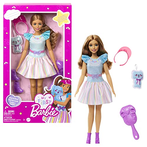 Barbie – La Mia Prima Barbie, Giocattolo per Bambini 3+ Anni, Bambola Alta  34 cm con Busto Morbido e Arti Snodati, con Abito Turchese e con Collana e  Accessori e Cucciolo di