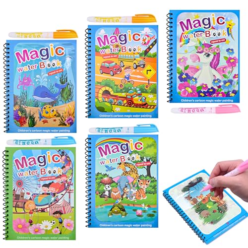 Damcyer 5 Pezzi Libro di Pittura ad Acqua per Bambini con 5 Penna Acqua,5  Temi Riutilizzabile Magic Water Book,Libri ad Acqua da Colorare Bambini,Libro  da Disegno ad Acqua per Bambini da 3