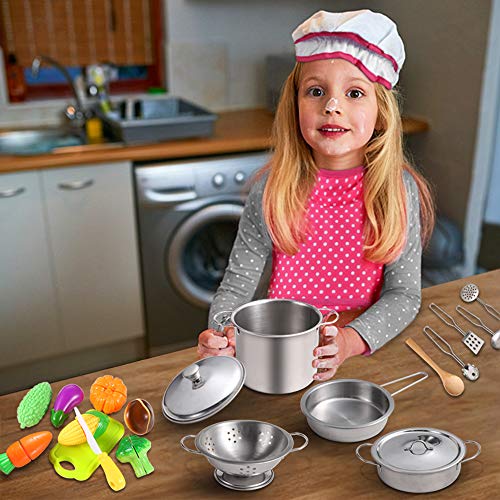 EFO SHM Cucina Giocattolo per Bambini, Accessori Cucina con Set di Pentole e Padelle in Acciaio Inossidabile, Utensili da Cucina, Grembiule e Cappello da Cuoco, Taglio di Cibo per Bambini - immagine 3