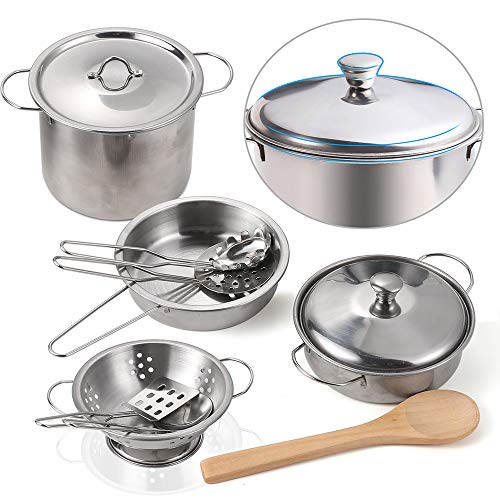 EFO SHM Cucina Giocattolo per Bambini, Accessori Cucina con Set di Pentole e Padelle in Acciaio Inossidabile, Utensili da Cucina, Grembiule e Cappello da Cuoco, Taglio di Cibo per Bambini - immagine 4