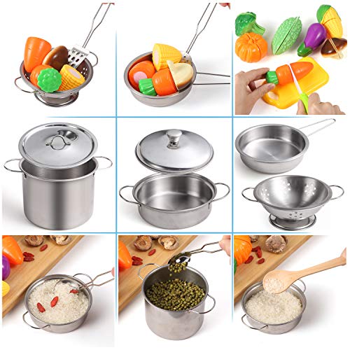 EFO SHM Cucina Giocattolo per Bambini, Accessori Cucina con Set di Pentole e Padelle in Acciaio Inossidabile, Utensili da Cucina, Grembiule e Cappello da Cuoco, Taglio di Cibo per Bambini - immagine 5