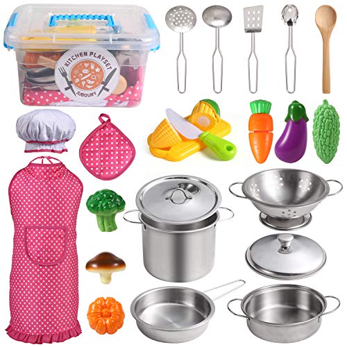 EFO SHM Cucina Giocattolo per Bambini, Accessori Cucina con Set di Pentole e Padelle in Acciaio Inossidabile, Utensili da Cucina, Grembiule e Cappello da Cuoco, Taglio di Cibo per Bambini