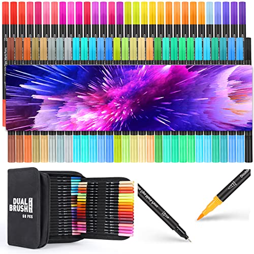 Set di penne artistiche a colori 60, punta fine e punta della penna a  pennello flessibile, pennarelli a base d'acqua per calligrafia da colorare  per