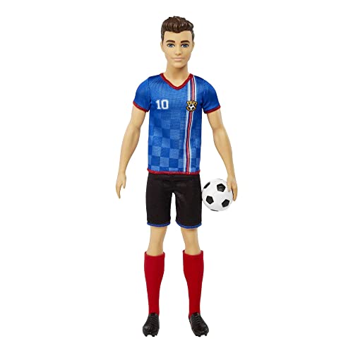 Ken Soccer Doll, Cropped Hair, Colorful #10 Uniform, Soccer Ball, Cleats, Tall Socks, Great Sports-Inspired Gift for Ages 3 and Up, HCN15