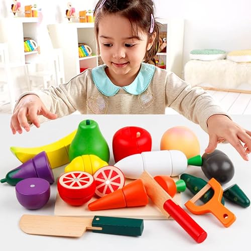 NIWWIN Gioca al Cibo Fruit Toys,Playets da Cucina in Legno,Giochi di Giocatore di Ruolo Falso,Giocattoli da Taglio da Cucina e Frutta e Verdura,Giocattolo di educazione prescolare Giocattolo Pretend - immagine 8