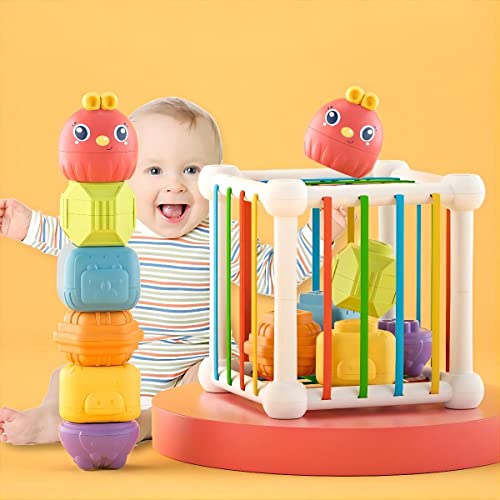 NIWWIN Giocattoli sensoriali per Bambini, cubi Colorati con Elastici, impilabili e collegabili per Lo Sviluppo della Prima educazione Giocattoli Montessori per i più Piccoli età 1 2 Anni. (cubo) - immagine 8