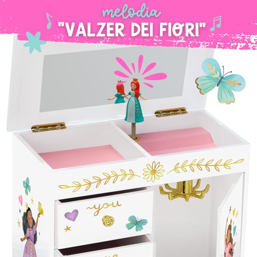 Portagioie Carillon Principessa per Bambine - Scatola Musicale per Bambini con Cassetti, Regali Principessa per Bambine, Scatole per Gioielli Principessa da 3 a 10 anni - 22,9 x 12,7 x 23,5 cm, Bianca - immagine 3