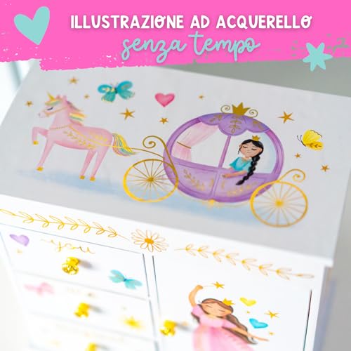 Portagioie Carillon Principessa per Bambine - Scatola Musicale per Bambini con Cassetti, Regali Principessa per Bambine, Scatole per Gioielli Principessa da 3 a 10 anni - 22,9 x 12,7 x 23,5 cm, Bianca - immagine 5