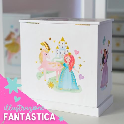 Portagioie Carillon Principessa per Bambine - Scatola Musicale per Bambini con Cassetti, Regali Principessa per Bambine, Scatole per Gioielli Principessa da 3 a 10 anni - 22,9 x 12,7 x 23,5 cm, Bianca - immagine 7
