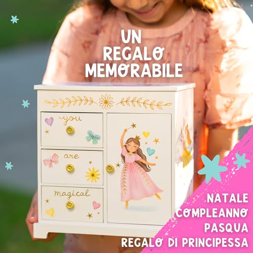 Portagioie Carillon Principessa per Bambine - Scatola Musicale per Bambini con Cassetti, Regali Principessa per Bambine, Scatole per Gioielli Principessa da 3 a 10 anni - 22,9 x 12,7 x 23,5 cm, Bianca - immagine 8