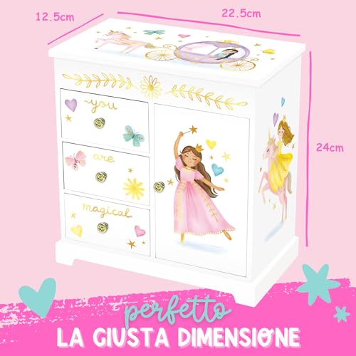 Portagioie Carillon Principessa per Bambine - Scatola Musicale per Bambini con Cassetti, Regali Principessa per Bambine, Scatole per Gioielli Principessa da 3 a 10 anni - 22,9 x 12,7 x 23,5 cm, Bianca - immagine 9