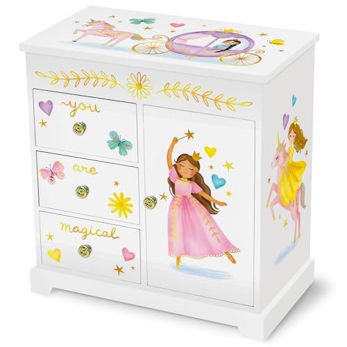 Portagioie Carillon Principessa per Bambine - Scatola Musicale per Bambini con Cassetti, Regali Principessa per Bambine, Scatole per Gioielli Principessa da 3 a 10 anni - 22,9 x 12,7 x 23,5 cm, Bianca