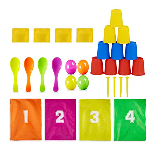 Relaxdays Set per Festa per Bambini,Giochi 3in1 per Compleanno,Corsa con Sacco,Gioco dell’Uovo & Tiro Bersaglio,v.Colori, Multicolore, 10028884