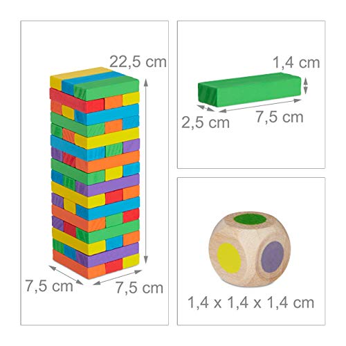 Relaxdays Torre Traballante, Gioco da Tavola, 48 Mattoncini in Legno, Impilare, Abilità, per Bambini e Adulti, Colorato, Multicolore - immagine 5
