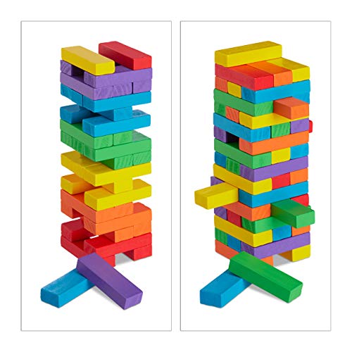 Relaxdays Torre Traballante, Gioco da Tavola, 48 Mattoncini in Legno, Impilare, Abilità, per Bambini e Adulti, Colorato, Multicolore - immagine 8