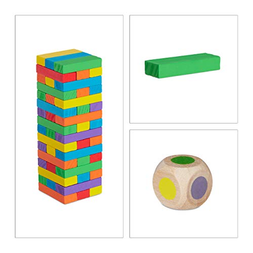 Relaxdays Torre Traballante, Gioco da Tavola, 48 Mattoncini in Legno, Impilare, Abilità, per Bambini e Adulti, Colorato, Multicolore - immagine 10