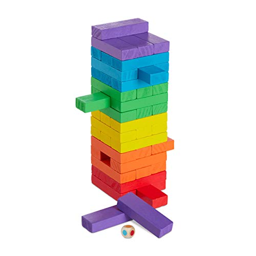 Relaxdays Torre Traballante, Gioco da Tavola, 48 Mattoncini in Legno, Impilare, Abilità, per Bambini e Adulti, Colorato, Multicolore