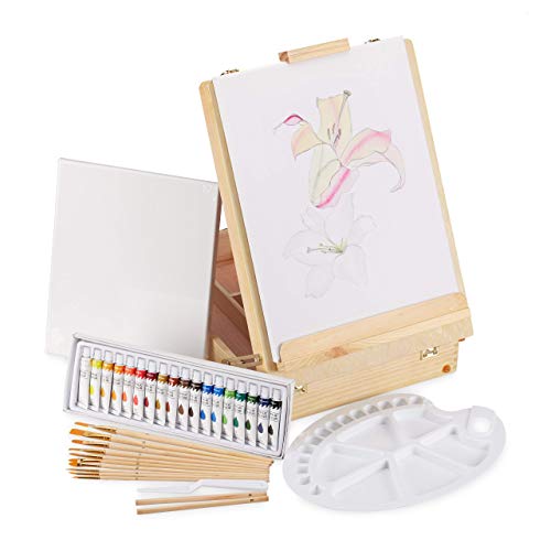 Relaxdays Valigetta Colori Pittore, Set di Accessori Acrilici, ad Olio e Altro, Cavalletto, Legno, Naturale