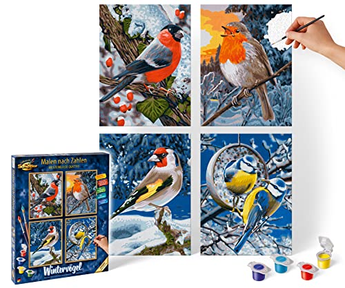 Schipper 609340661 Dipingere con i Numeri – 4 Quadri da dipingere, Motivo:  Uccellini d'inverno, ognuno 18 x 24 cm – Giochi e Prodotti per l'Età  Evolutiva