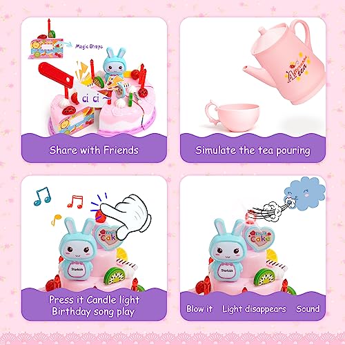 Set da tè da 70 pezzi per bambine set da tè con taglio torta di compleanno luce musica teiera dessert ciambella biscotti teiera piattini tazza gioco tè regali per bambini - immagine 6
