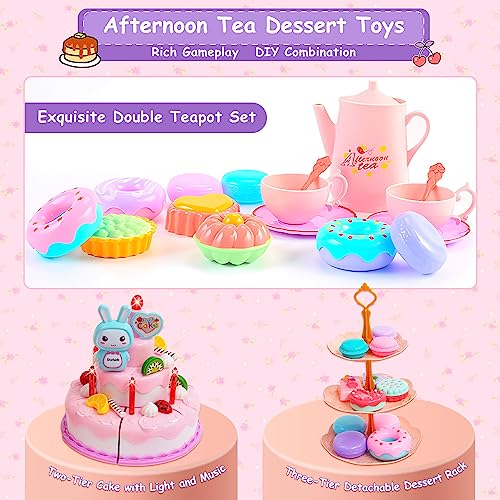 Set da tè da 70 pezzi per bambine set da tè con taglio torta di compleanno luce musica teiera dessert ciambella biscotti teiera piattini tazza gioco tè regali per bambini - immagine 7