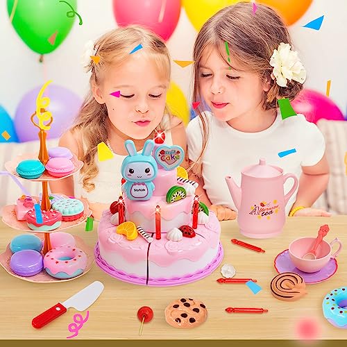 Set da tè da 70 pezzi per bambine set da tè con taglio torta di compleanno luce musica teiera dessert ciambella biscotti teiera piattini tazza gioco tè regali per bambini - immagine 8