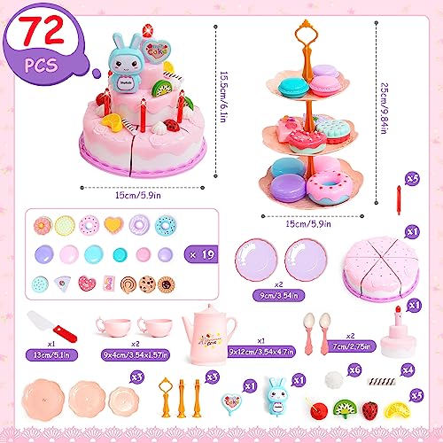 Set da tè da 70 pezzi per bambine set da tè con taglio torta di compleanno luce musica teiera dessert ciambella biscotti teiera piattini tazza gioco tè regali per bambini - immagine 3