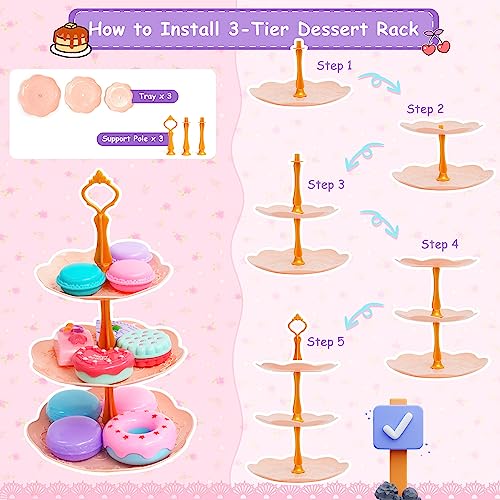 Set da tè da 70 pezzi per bambine set da tè con taglio torta di compleanno luce musica teiera dessert ciambella biscotti teiera piattini tazza gioco tè regali per bambini - immagine 4