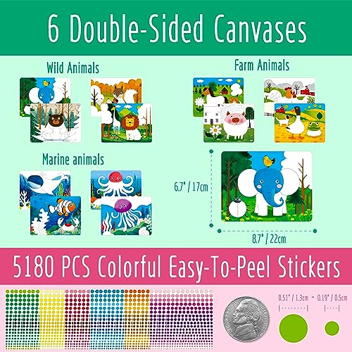 Attività artistica con adesivi Dot It, 6 tele a doppia faccia (12 scene) con animali selvatici/marini/della fattoria e 5180 adesivi colorati, adesivi a pois per colorare per ragazzi e ragazze - immagine 3