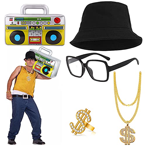 BIQIQI Kit di Costumi Hip Hop Set Accessori Rapper Anni '80 Cappello a  Secchiello Occhiali Collana con Anello a Catena con Simbolo del Dollaro in  Dorato Gonfiabile Boom Box Rapper Anni '80 