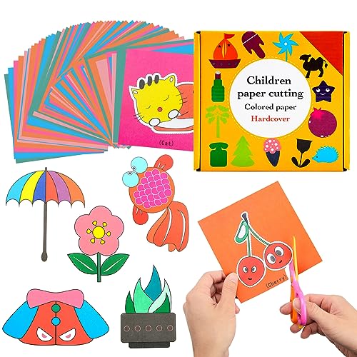 BIQIQI Kit per Tagliare e per le Creazioni di Carta per Bambini, da 96 Fogli + 1 Forbice di Sicurezza Fai-da-Te per Ragazzi