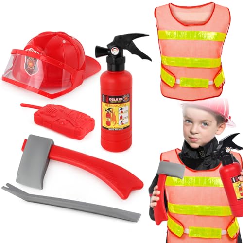 BSNRDX Costume da Pompiere per Bambini 6 Pezzi Costume da Pompiere Gioco di  Ruolo Accessori per Giocattoli, Include estintore Giocattolo, Casco da  Pompiere, Giocattolo da Pompiere per Carnevale – Giochi e Prodotti