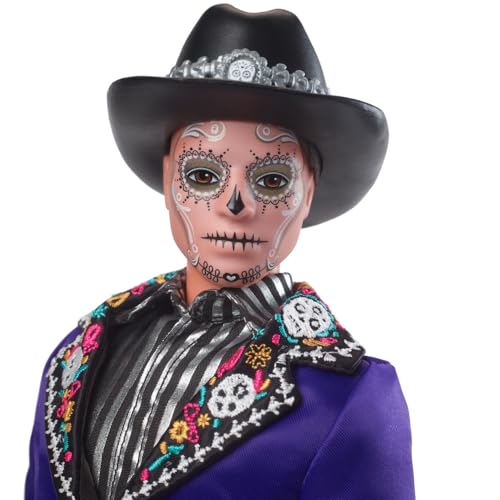 Barbie Signature - Ken Dia de Muertos 2023 da collezione, giacca blu con dettagli ricamati e cappello con teschi di zucchero, decorazione calavera sul volto, giocattolo per bambini, 6+ anni, HJX15