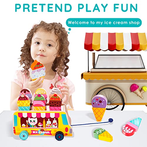 Gelato Giocattolo di Rimorchio per Bambini 28 pezzi Giocattoli di Imitazione in Legno Bancone Gelato Multicolore con Animale Camion Accessori per Gelato Gioco di Ruolo Educativo per Bambini di 3+ Anni - immagine 4