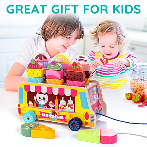 Gelato Giocattolo di Rimorchio per Bambini 28 pezzi Giocattoli di Imitazione in Legno Bancone Gelato Multicolore con Animale Camion Accessori per Gelato Gioco di Ruolo Educativo per Bambini di 3+ Anni - immagine 8