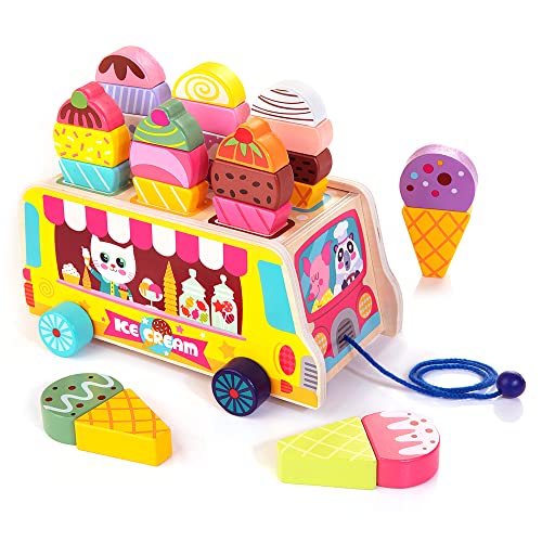 Gelato Giocattolo di Rimorchio per Bambini 28 pezzi Giocattoli di Imitazione in Legno Bancone Gelato Multicolore con Animale Camion Accessori per Gelato Gioco di Ruolo Educativo per Bambini di 3+ Anni
