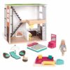 Lori Dolls - Soggiorno, cucina, camera da letto, patio all'aperto - Casa delle bambole e accessori per mini bambole - Playset con bambola da 15 cm - 3 set di mobili - 3 anni+ (LO37071Z)