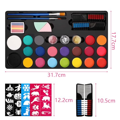 Mkitnvy Body Painting, Trucchi Neon, Truccabimbi Kit, 20 Colori Trucco Viso Bambini, Face Painting con 40 Stampini e 3 Pennelli, Corpo di Vernice Adatto Halloween Party,Compleanno,Cosplay - immagine 3