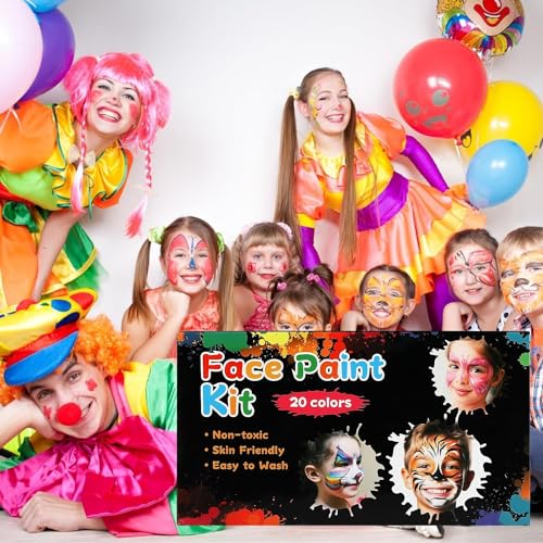 Mkitnvy Body Painting, Trucchi Neon, Truccabimbi Kit, 20 Colori Trucco Viso Bambini, Face Painting con 40 Stampini e 3 Pennelli, Corpo di Vernice Adatto Halloween Party,Compleanno,Cosplay - immagine 4
