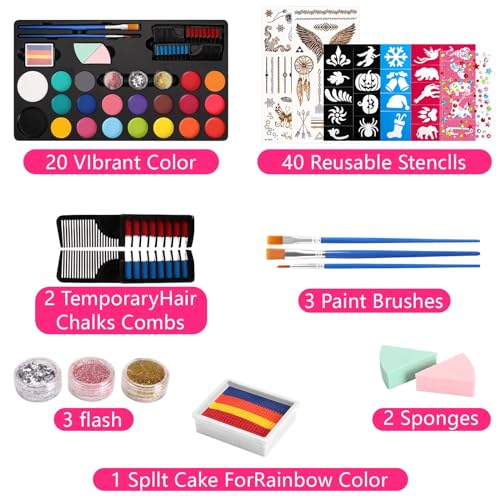 Mkitnvy Body Painting, Trucchi Neon, Truccabimbi Kit, 20 Colori Trucco Viso Bambini, Face Painting con 40 Stampini e 3 Pennelli, Corpo di Vernice Adatto Halloween Party,Compleanno,Cosplay - immagine 6