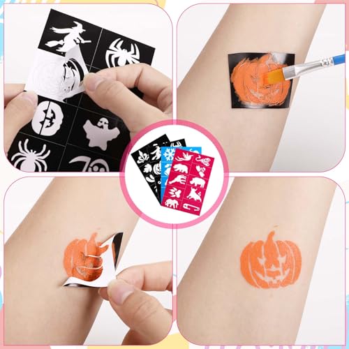 Mkitnvy Body Painting, Trucchi Neon, Truccabimbi Kit, 20 Colori Trucco Viso Bambini, Face Painting con 40 Stampini e 3 Pennelli, Corpo di Vernice Adatto Halloween Party,Compleanno,Cosplay - immagine 7