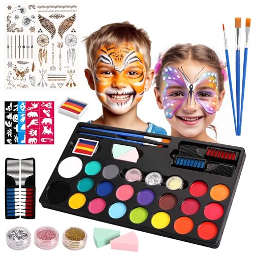 Mkitnvy Body Painting, Trucchi Neon, Truccabimbi Kit, 20 Colori Trucco Viso Bambini, Face Painting con 40 Stampini e 3 Pennelli, Corpo di Vernice Adatto Halloween Party,Compleanno,Cosplay
