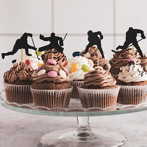 24 Pezzi Topper per Torta Hockey, Topper per Cupcake Hockey Neri Topper Cupcake a Tema Sportivo Bastoncini Torta Compleanno Decorazione per Forniture per Decorazioni di Compleanno per Feste - immagine 4