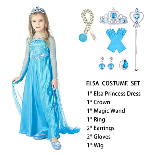 Gridamea Vestito Elsa Frozen Bambina-Costume Anna Ghiaccio Abito da Principessa con Corona/Bacchetta/Guanti/Treccia/Orecchini/Anello per Bambini Compleanno, Halloween, Feste, Cosplay - immagine 3