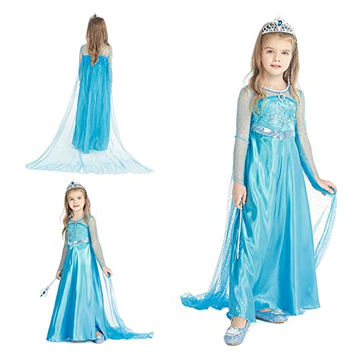 Gridamea Vestito Elsa Frozen Bambina-Costume Anna Ghiaccio Abito da Principessa con Corona/Bacchetta/Guanti/Treccia/Orecchini/Anello per Bambini Compleanno, Halloween, Feste, Cosplay - immagine 4
