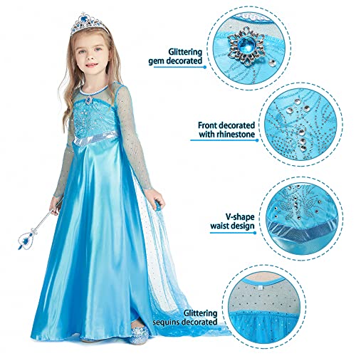 Gridamea Vestito Elsa Frozen Bambina-Costume Anna Ghiaccio Abito da Principessa con Corona/Bacchetta/Guanti/Treccia/Orecchini/Anello per Bambini Compleanno, Halloween, Feste, Cosplay - immagine 5