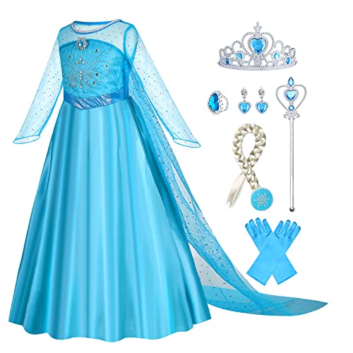 Gridamea Vestito Elsa Frozen Bambina-Costume Anna Ghiaccio Abito da Principessa con Corona/Bacchetta/Guanti/Treccia/Orecchini/Anello per Bambini Compleanno, Halloween, Feste, Cosplay